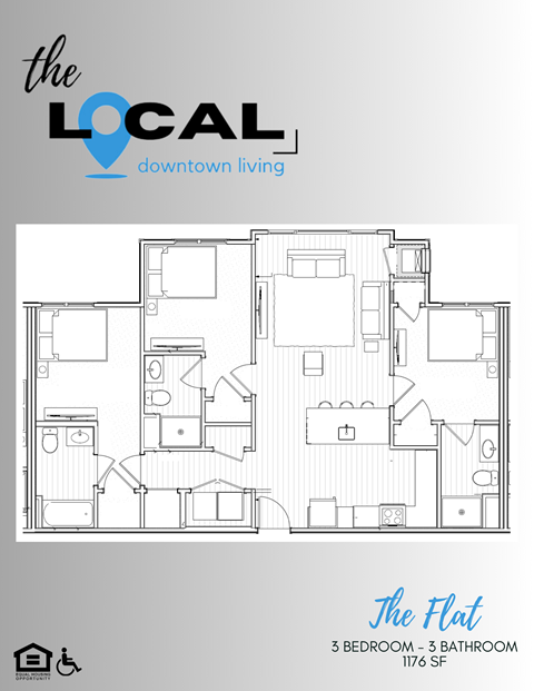 Floor plan for 3 beds, 3 baths, 1176 sqft